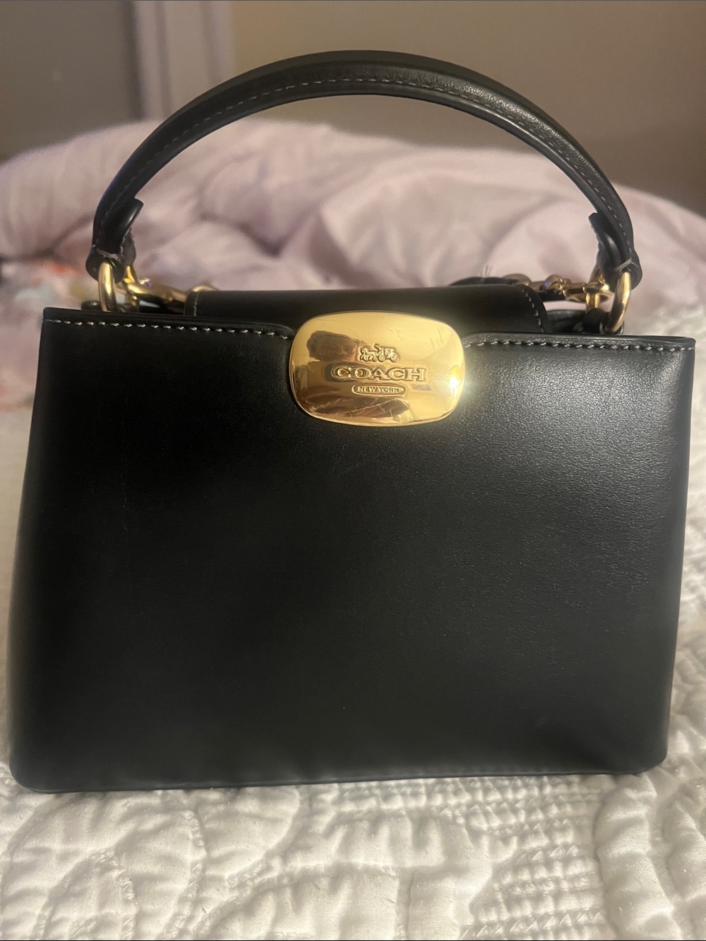 Coach Black Leather Mini Top-Handle Bag with Gold Plaque